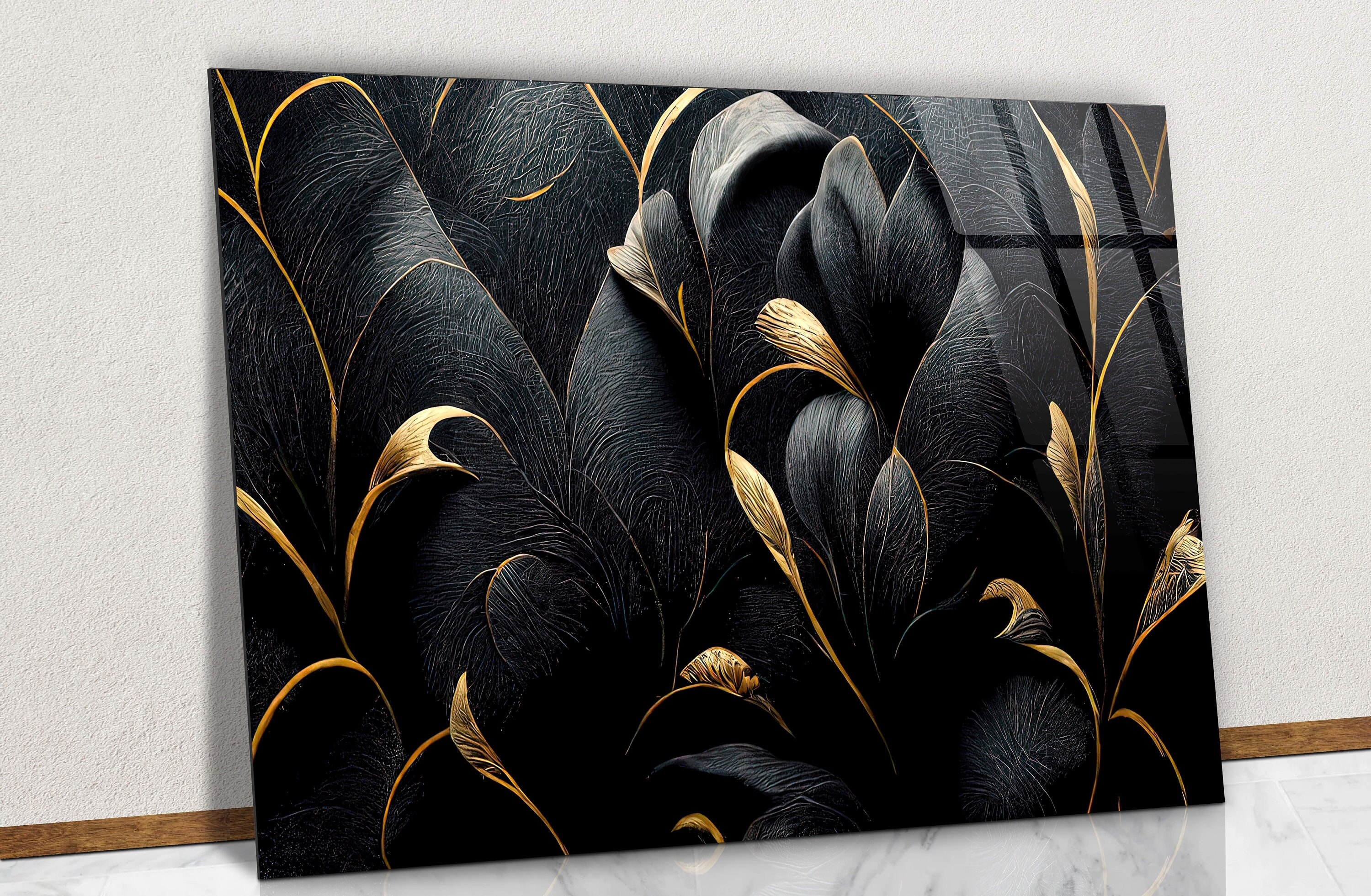 Black and Gold Flower Shapes Glass Wall Art 4K Abstract - Etsy