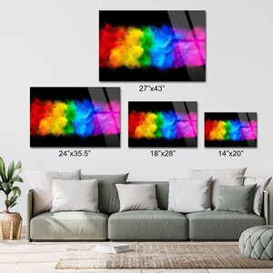 May include: A colorful abstract art print with a rainbow of colors on a black background. The print is available in four sizes: 27 inches by 43 inches, 24 inches by 35.5 inches, 18 inches by 28 inches, and 14 inches by 20 inches.