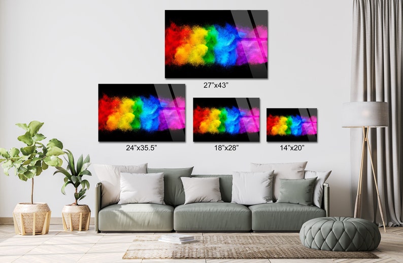 May include: A colorful abstract art print with a rainbow of colors on a black background. The print is available in four sizes: 27 inches by 43 inches, 24 inches by 35.5 inches, 18 inches by 28 inches, and 14 inches by 20 inches.