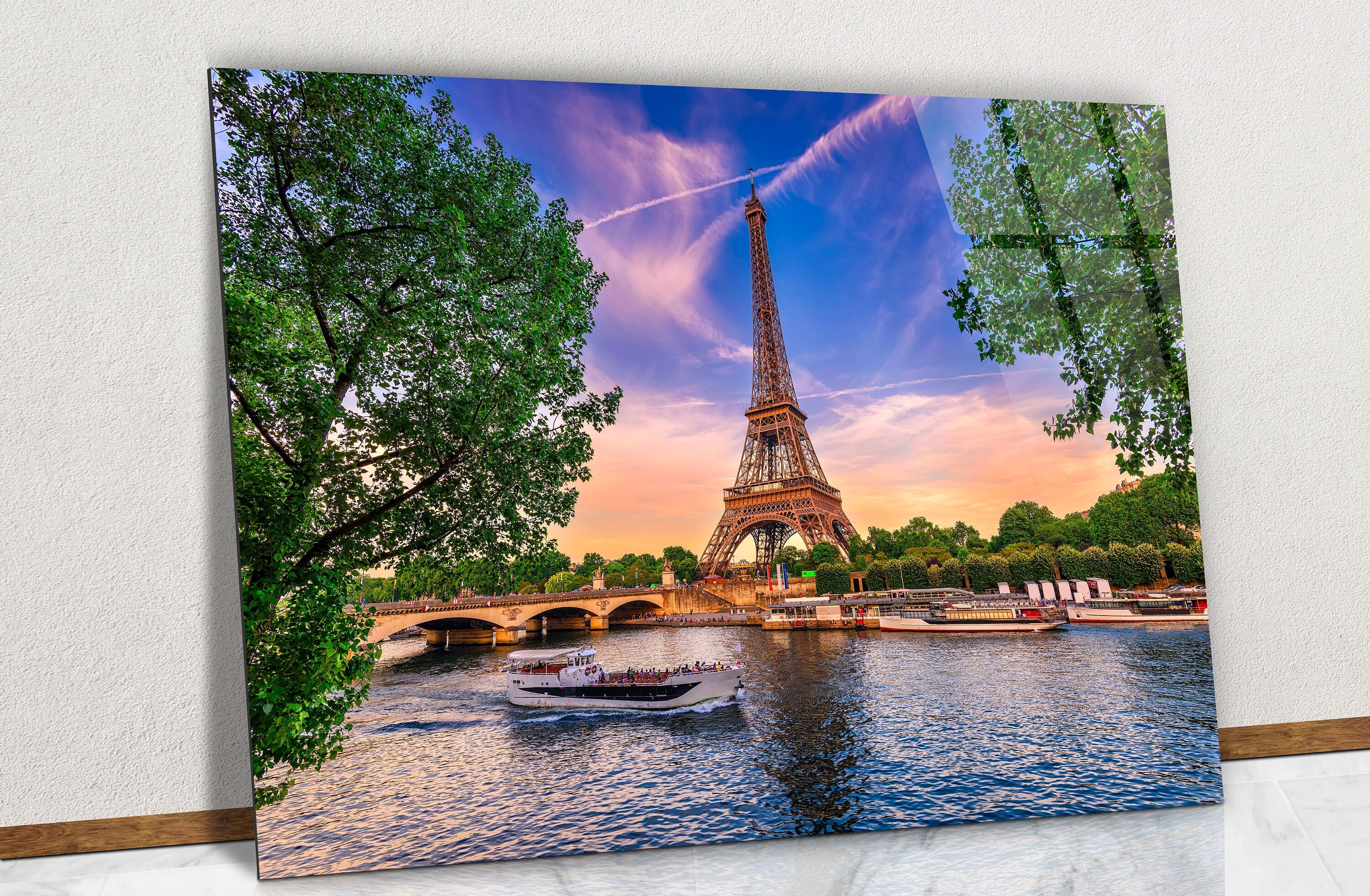 Paris Eiffel Tower and River Seine at Sunset in Paris Glass Wall Art, Eiffel Tower, Iconic Symbol of Paris Tempered Glass, Paris France