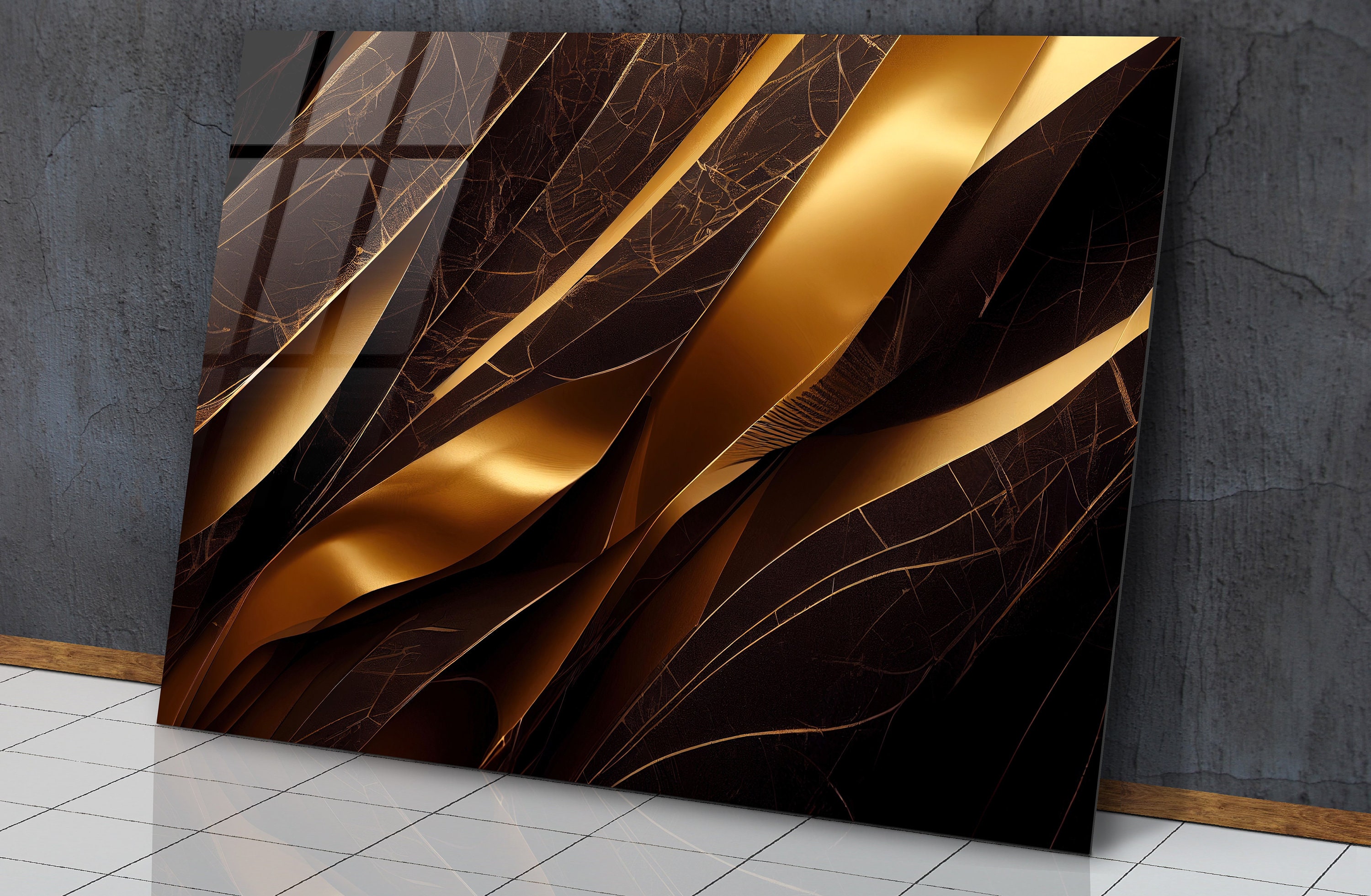 Luxury Gold Abstract on Black Background Glass Wall Art, Gold Design