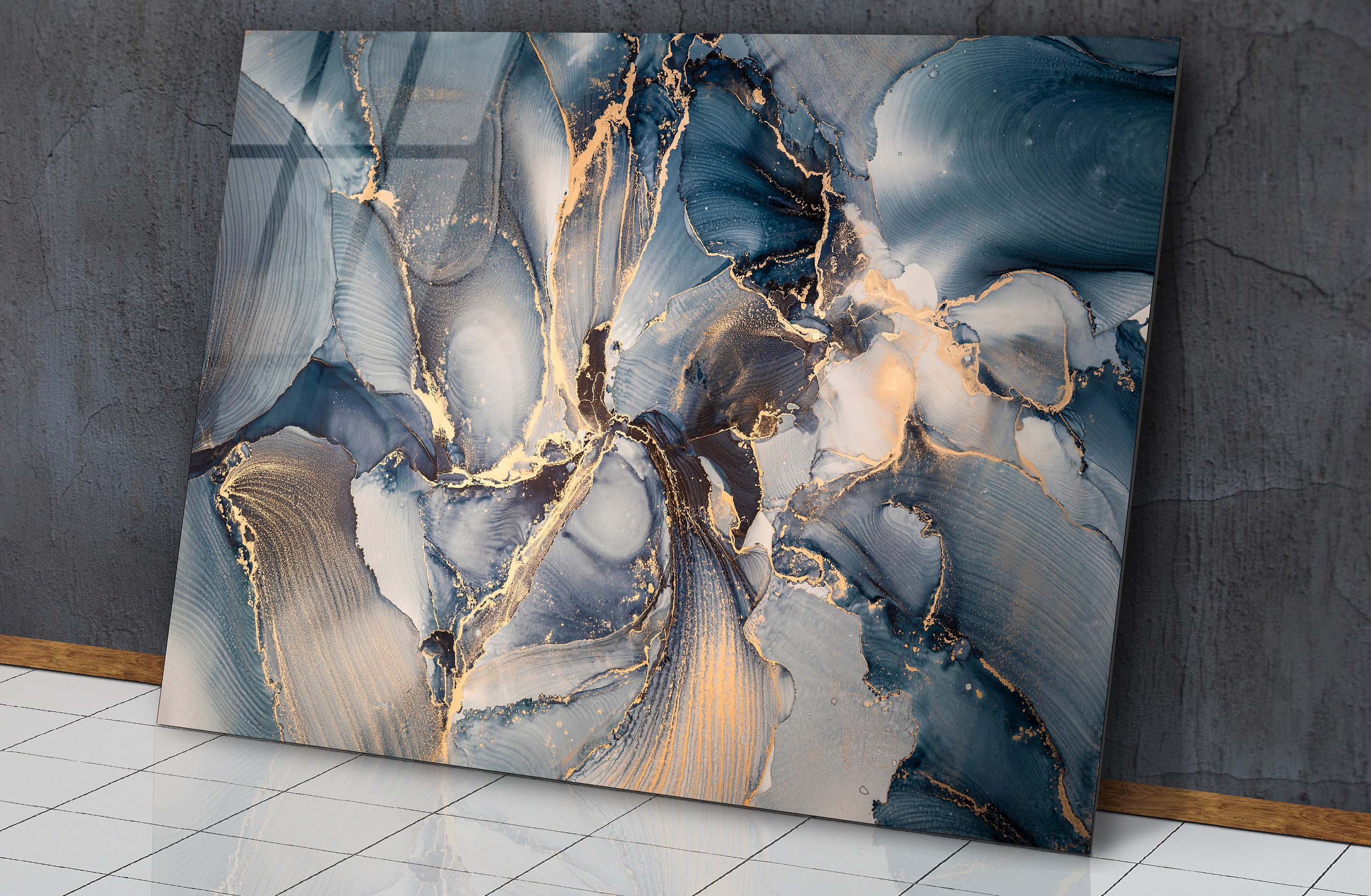 Luxury Abstract Liquid Art Painting Glass Wall Art, Mix of Dark Blue