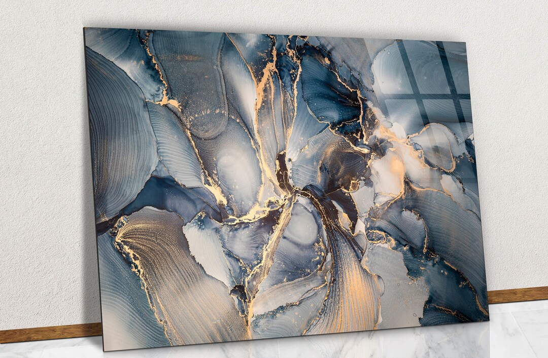 Luxury Abstract Liquid Art Painting Glass Wall Art, Mix of Dark Blue