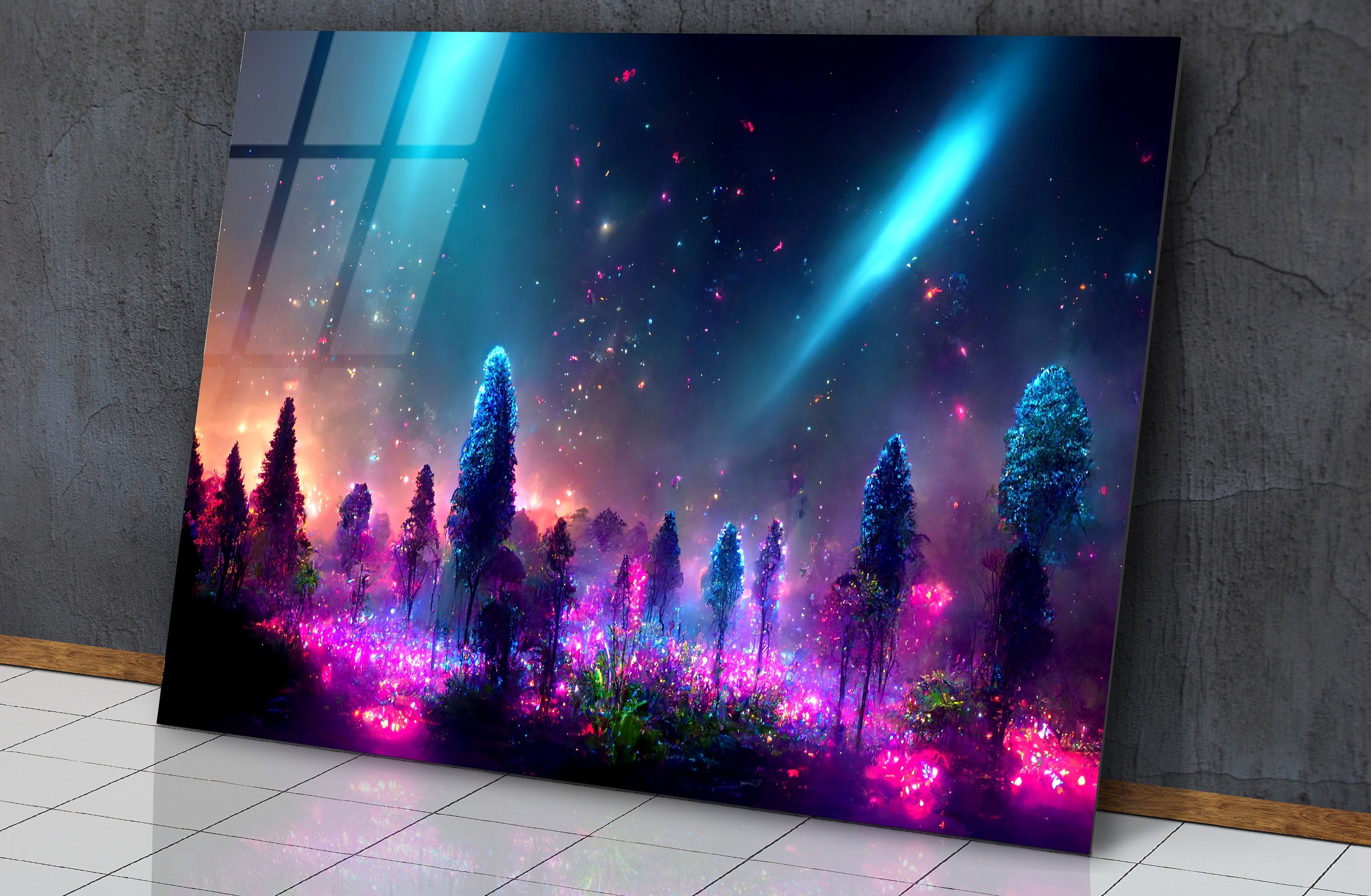 Color Image in the Forest Glass Wall Art, Bioluminescent Plants and the
