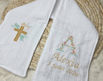 Echarpe de baptême personnalisée bébé, étole baptême prénom brodé, cadeau fille garçon, accessoire cérémonie enfant