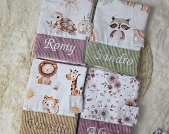 Personalized velvet baby health record book cover with embroidered name. A perfect baby shower gift idea, suitable for a girl or boy.