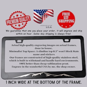 Mountain Range Design_2 License Plate Frame Stainless Steel Black Frame Mountains Engraved USA Car Accessory Nature Gift Adventure Decor