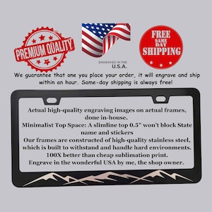 Mountain Range License Plate Frame Stainless Steel Black Frame Mountains Engraved USA Car Accessory Nature Gift Adventure Decor