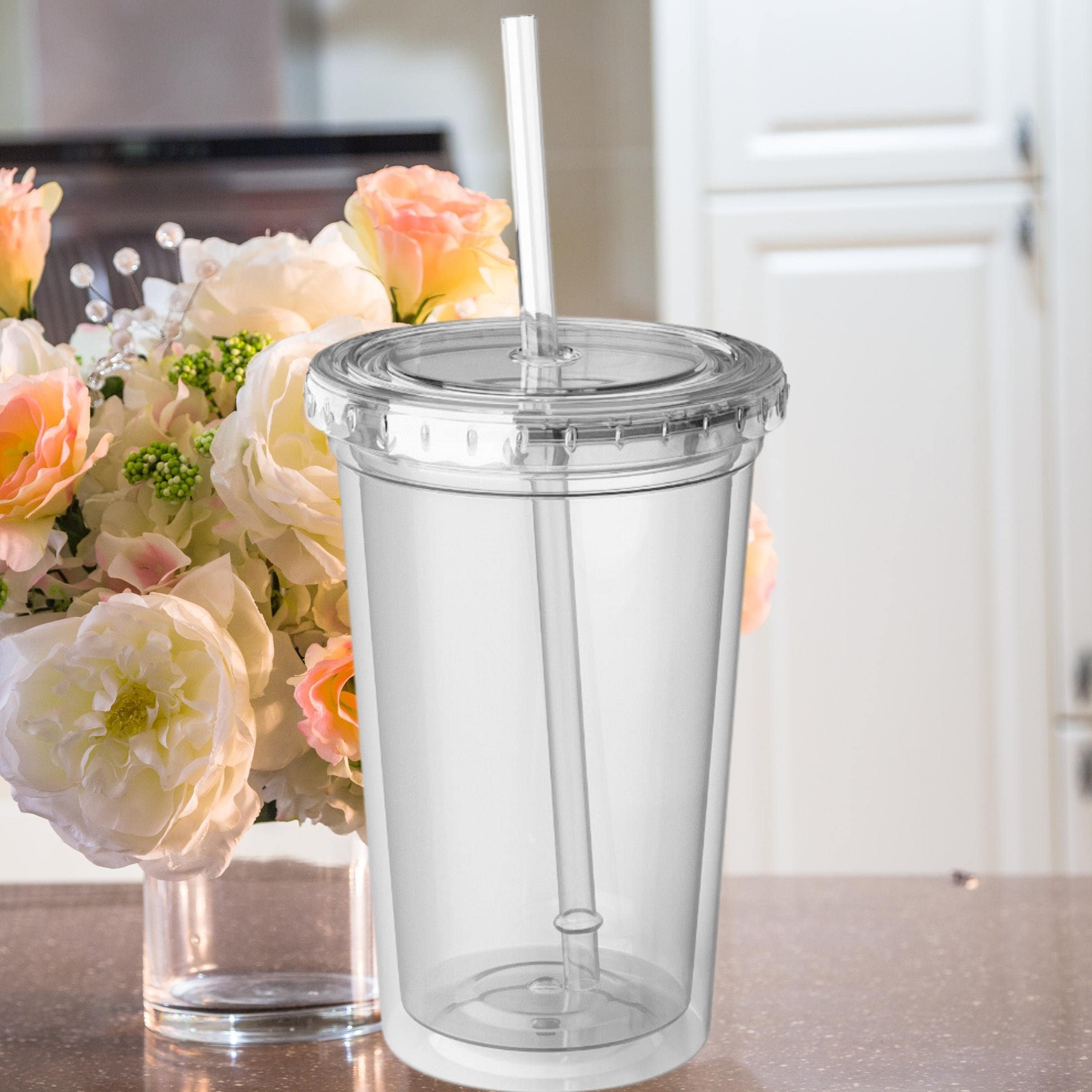 Cupture Acrylic Mason Jar Tumbler Mugs with Lids & Straws - 20 oz, 6 Pack (warm Blossom)