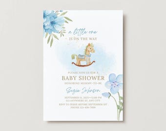 Invito per baby shower con acquerello blu • Cavallo a dondolo (modello Canvas)