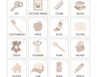 May include: A beige "Home Scavenger Hunt" game board with illustrations of everyday objects like a key, apple, and shoes. The game includes a picture frame, comb, book, toothbrush, sock, pillow, teddy bear, flowers, fork, money, puzzle, cap, soda, pencil, ruler, trousers, and a letter.
