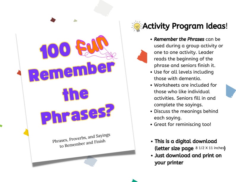 100 Fun Remember the Phrases for Seniors, Senior Groups, Senior One to