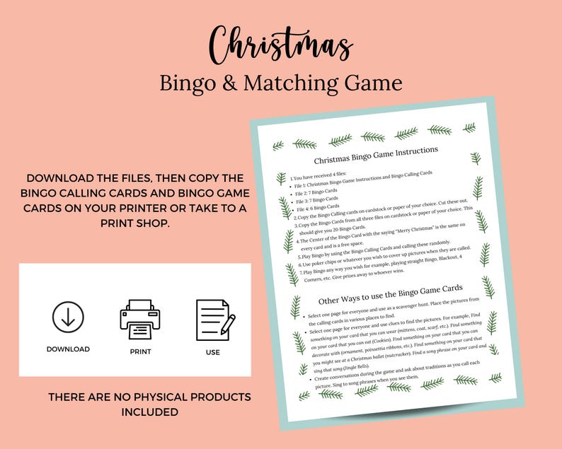Printable Christmas Bingo Game for Adults and Kids, Christmas Matching ...