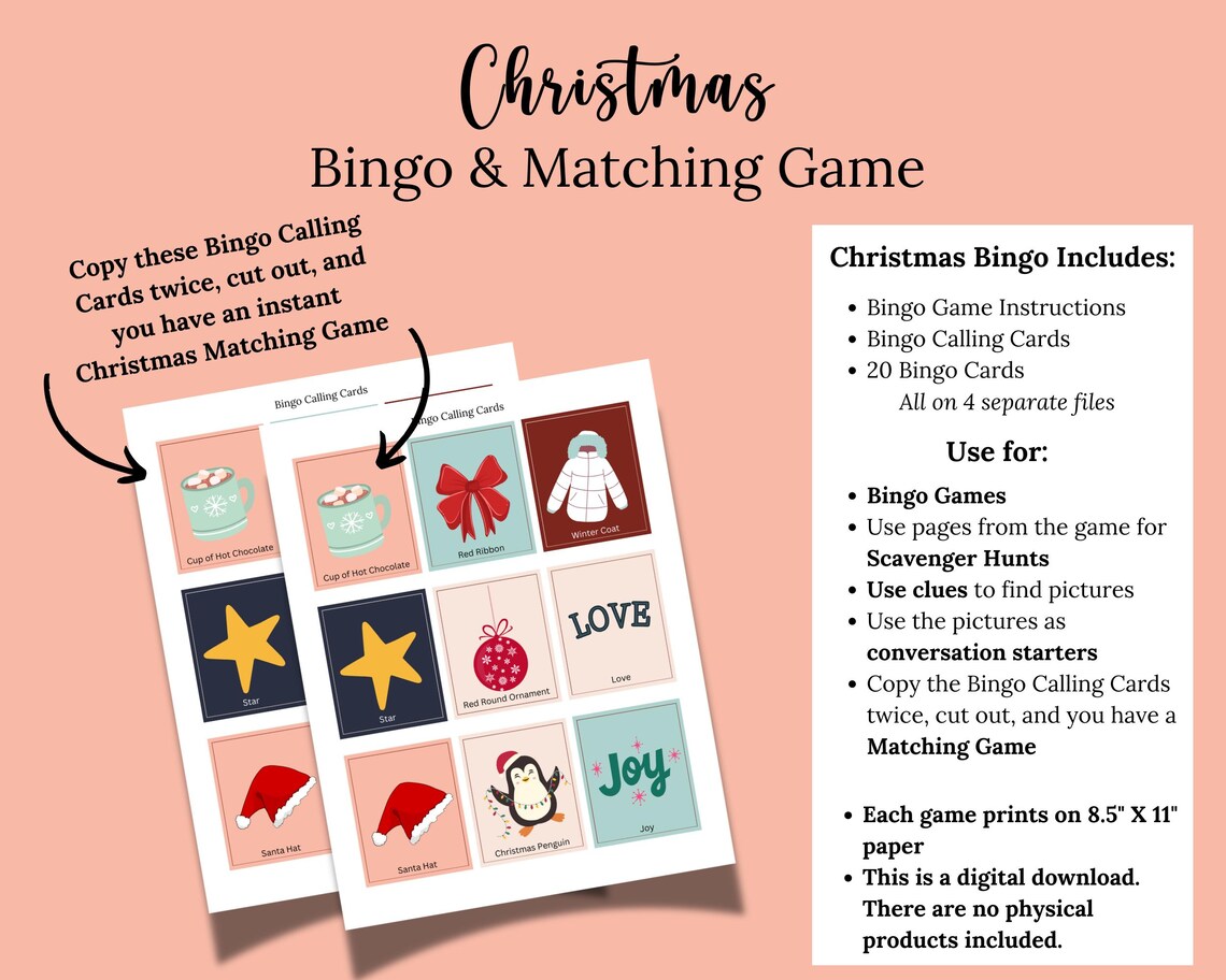 Printable Christmas Bingo Game for Adults and Kids, Christmas Matching ...
