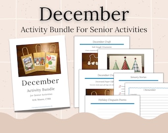 May include: A printable activity bundle for senior activities with a December theme. The bundle includes crafts, sensory stories, and holiday cinquain poems. The cover image shows decorated paper gift bags.