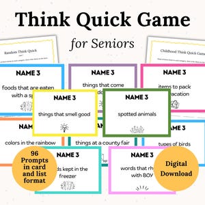 Jogos para idosos, Jogo de raciocínio rápido para impressão para idosos, Jogo de memória divertido para atividades com demência, Jogo de festa para idosos, Jogo de nomear três