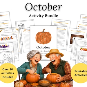 May include: An October activity bundle featuring multiple printable pages with autumn themes, including word games, colouring sheets, and writing prompts. The collection is displayed behind two older adults carving pumpkins at a wooden table.