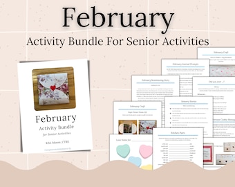 May include: A printable activity bundle for senior activities with a February theme. The bundle includes crafts, reminiscing stories, journal prompts, sensory stories, kitchen pairs, and fortune cookie messages. The cover image features a paper envelope craft with a red heart.