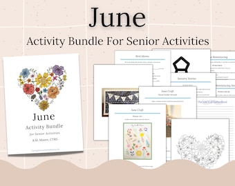 Könnte beinhalten: Eine Sammlung von Arbeitsblättern für Seniorenaktivitäten. Das Cover des "June Activity Bundle" zeigt ein herzförmiges Blumendesign. Weitere Blätter sind "Bird Misses", "Sensory Stories" und "June Craft" mit Blumen- und Bastelaktivitäten.