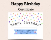 Happy Birthday Certificate for Birthday Celebrations, Birthday Card, Printable