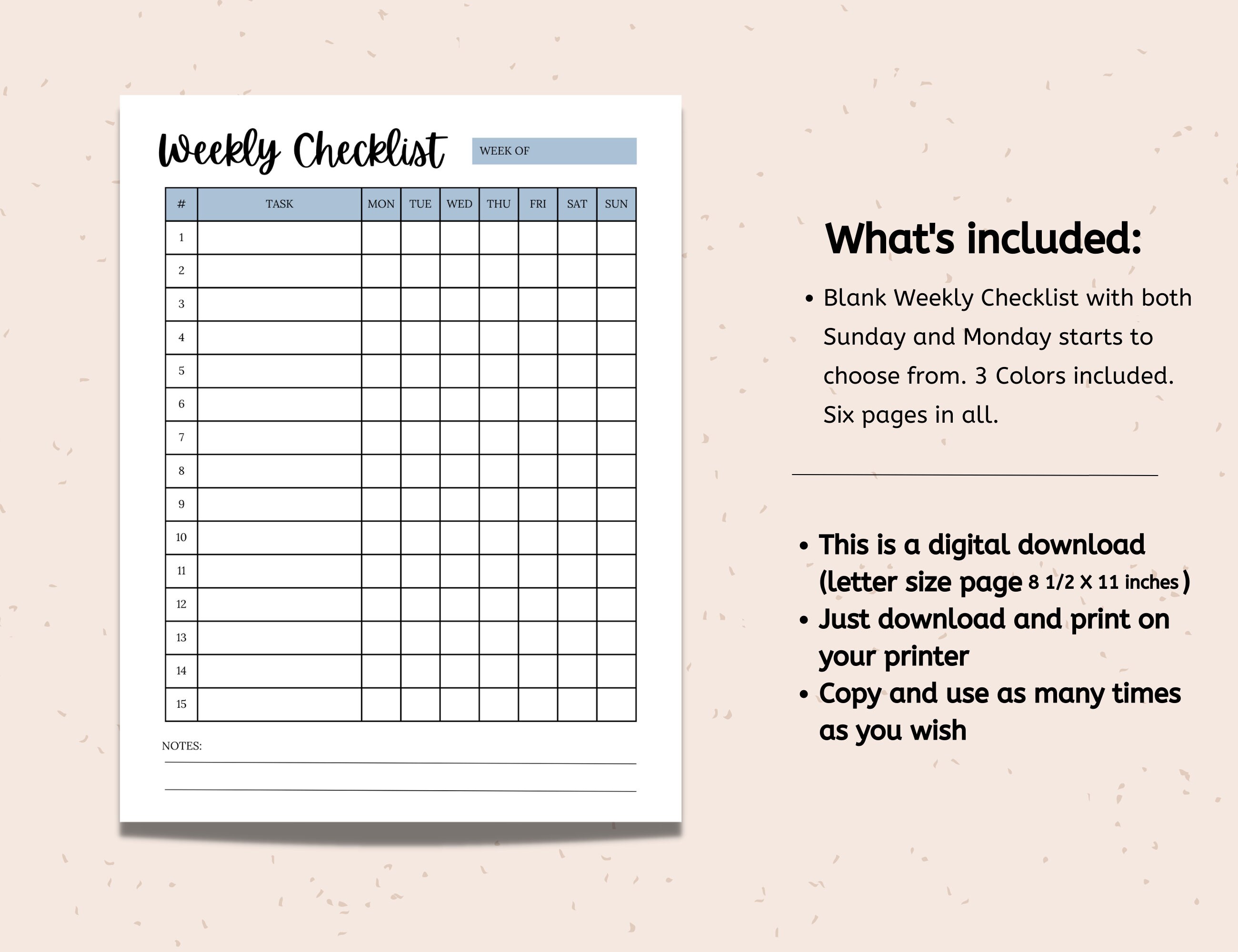Weekly Checklist Printable, to Do Checklist Printable - Etsy