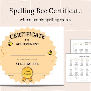 Puede incluir: Un certificado amarillo y blanco con un diseño de abeja, titulado "Certificado de Logro" por la participación en un concurso de ortografía. El certificado incluye una lista de palabras de concurso de ortografía para cada mes del año.