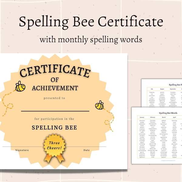 Spelling Bee Certificate with Monthly Spelling Words, Senior Spelling Bees, Senior Activity Program