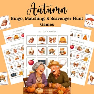 Op de afbeelding: Een verzameling printbare herfst-bingo-, zoek- en koppelspellen met illustraties van eikels, pompoenen, vossen en herfstbladeren. De set bevat losse spelkaarten en een centraal speelbord met een afbeelding van een ouder echtpaar.