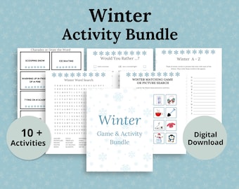 Könnte beinhalten: Ein druckbares Winter-Aktivitätspaket mit über 10 Aktivitäten für Kinder. Das Paket beinhaltet ein Wortsuchspiel, ein Zuordnungsspiel, ein „Würdest du lieber“-Spiel und eine Winter-A-Z-Aktivität. Die Aktivitäten sind auf weißem Papier mit blauen Schneeflocken und Text.