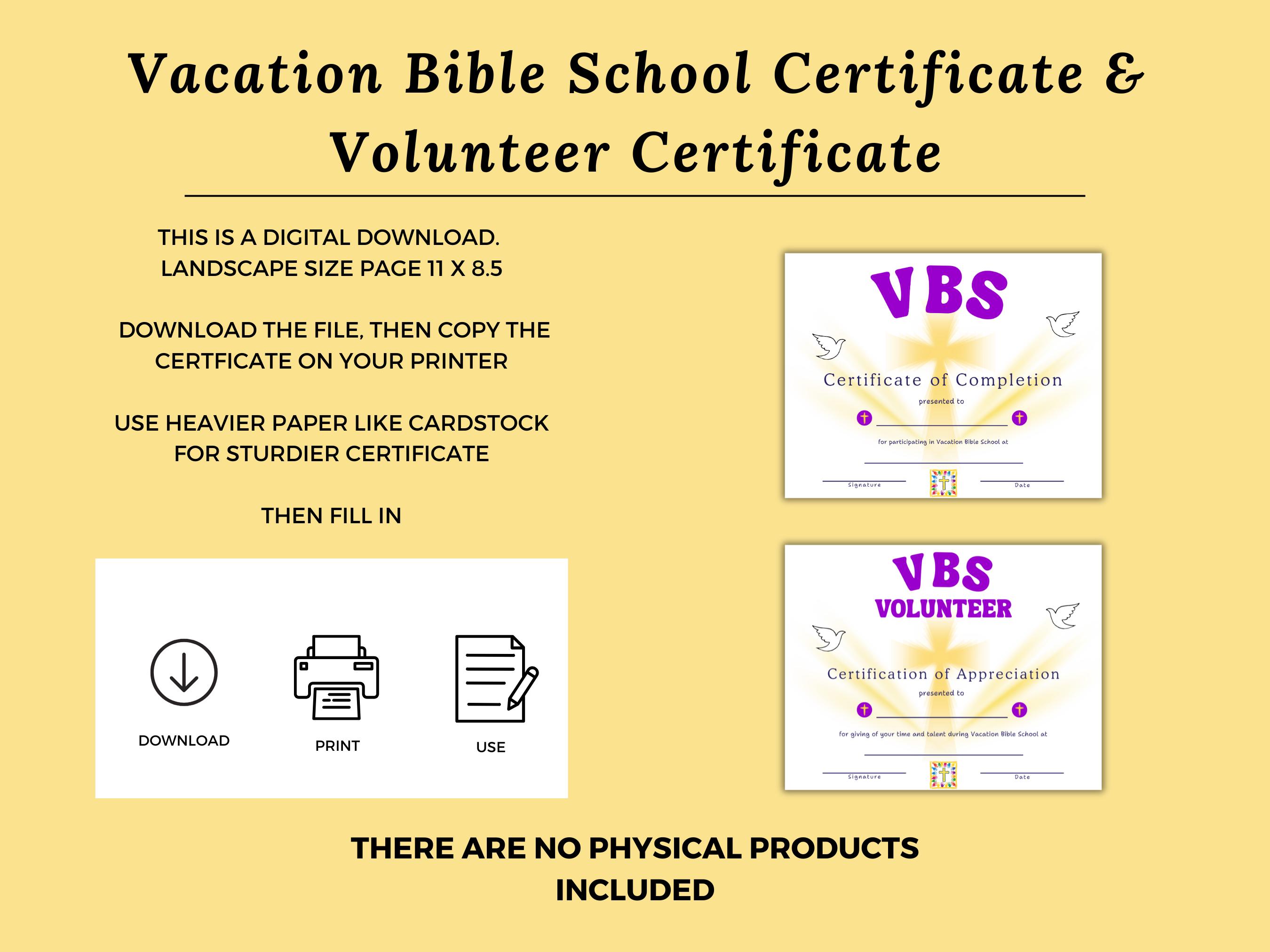 Vacation Bible School Ribbons For Graduation Vacation Bible School Certificate of Completion & VBS Volunteer ...