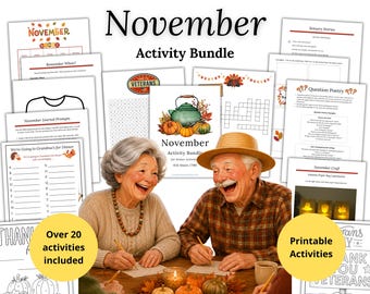 Könnte beinhalten: Ein November-Aktivitätenpaket mit verschiedenen druckbaren Seiten wie Bingo, Tagebuch-Prompts, Wortsuchrätseln und Bastelarbeiten. Die Sammlung enthält Texte wie November Activity Bundle, Veterans und Question Poetry, dargestellt mit herbstlichen Grafiken wie Kürbissen und Truthähnen.