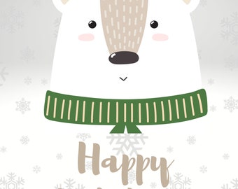 Happy Holidays, Polar Bear, Christmas Print, Christmas Wall Art, Digital Download, Printable, Christmas Print, Cute Bear