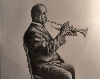 May include: A black and white pencil drawing of a man sitting on a chair and playing a trumpet.