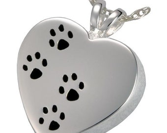 Pet dog cat ashes Paw Print Heart Cremation Necklace, Keepsake Urn