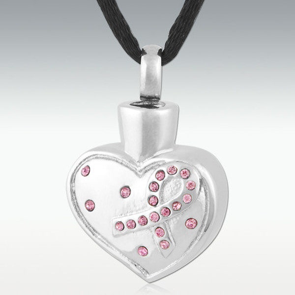 Pink ribbon breast cancer heart necklace pendant keepsake memorial jewellery urn ashes cremation locket with funnel fill kit and snake chain