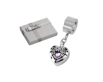 Heart Cremation Urn Charm, Stone Bead Keepsake, Pandora Bracelet (Gift Box)
