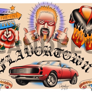 Puede incluir: Una ilustración de estilo tatuaje con un retrato de un hombre con barba y gafas de sol, un coche rojo convertible, una rosa, un cartel que dice "Diners Drive-Ins Dives", una camisa negra y naranja con llamas y las palabras "Flavortown" en una fuente estilizada.