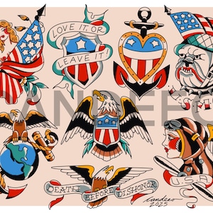 Op de afbeelding: Een verzameling traditionele Amerikaanse tattoo-ontwerpen met patriottische thema's. Ontwerpen omvatten een adelaar, een anker, een bulldog met een vlaghelm, een vrouw met een vlag en banners met tekst. Het kleurenpalet is rood, wit, blauw en zwart.