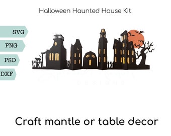 May include: A digital download of a Halloween haunted house kit for crafting. The kit includes SVG, PNG, PSD, and DXF files. The image shows a black silhouette of a haunted house with a moon and bats.