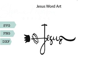 May include: Black and white graphic design of a cross with a crown of thorns and the word "Jesus" in cursive script.