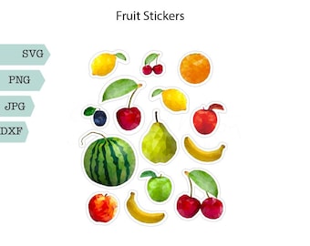 May include: A collection of colorful fruit stickers, including lemons, cherries, oranges, apples, bananas, a pear, a watermelon, and a plum. The stickers are in a low-poly style. Text at the top reads "INSTANT DOWNLOAD" and "Fruit Stickers".