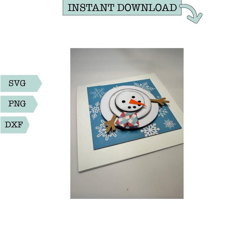 May include: A white snowman with a red nose and a blue and white plaid scarf is layered on top of a blue background with white snowflakes. The snowman is on a white card.