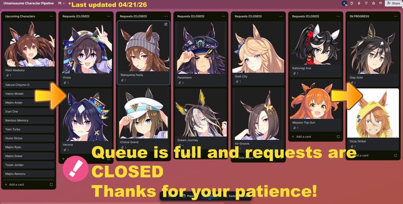 May include: A digital display shows character portraits from a game, with the text "Queue is full and requests are CLOSED. Thanks for your patience!" in yellow. The display is organized into columns and rows.