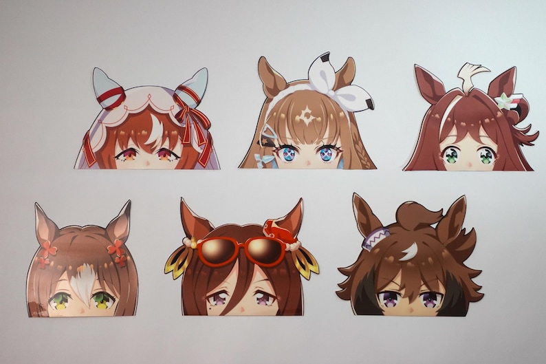 May include: Six anime-style character stickers featuring the top halves of the characters' faces. Each character has a unique hairstyle and eye color, with various accessories like bows and sunglasses. The stickers are designed with a white border.
