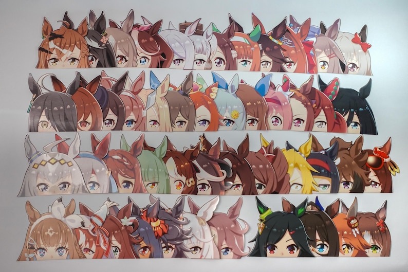 May include: A collection of anime-style character cutouts, each featuring a unique hairstyle and eye color. The characters are designed with horse ears and are arranged in neat rows. The color palette includes shades of brown, pink, blue, and green.