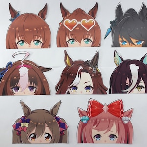 May include: A collection of anime-style character cutouts, each featuring a horse-eared girl with detailed eyes and hair. The characters have various hair colors, accessories, and expressions, including heart-shaped sunglasses and bows. The cutouts are on a white background.