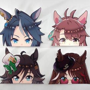May include: Four anime-style character cutouts with large eyes and detailed hair. The characters have different hair colors, including blue, brown, and maroon, and wear decorative accessories. The cutouts are arranged on a white background.