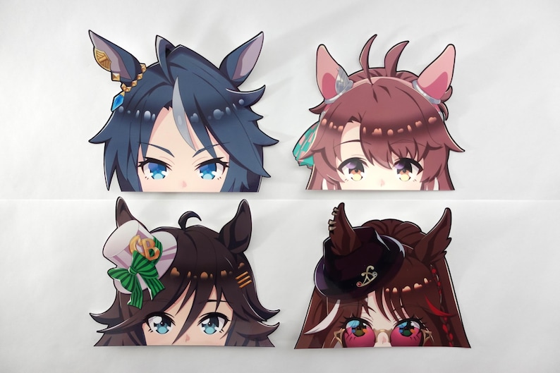 May include: Four anime-style character cutouts with large eyes and detailed hair. The characters have different hair colors, including blue, brown, and maroon, and wear decorative accessories. The cutouts are arranged on a white background.