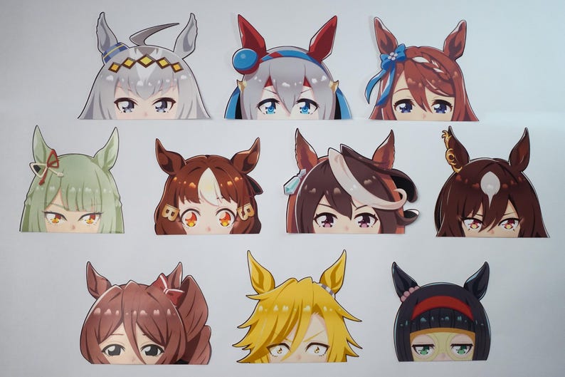 May include: A collection of ten anime-style stickers featuring characters with horse-like ears and various hair colors. Each sticker showcases a character's face, with detailed eyes and unique headwear, set against a white background.
