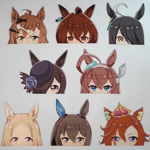 May include: Nine anime-style character stickers featuring horse-girl designs. Each sticker shows the upper half of a character's face with different hair colors, eye colors, and accessories. The stickers are arranged in three rows of three.